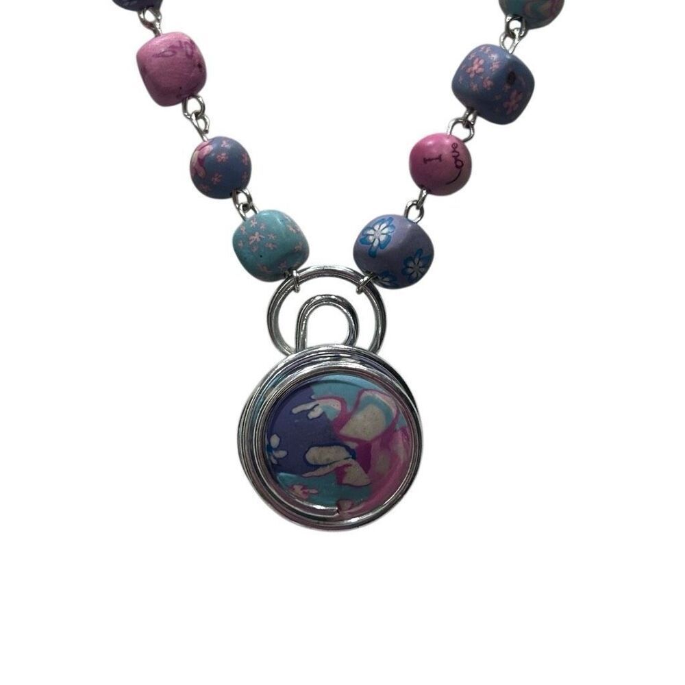 Viva Handmade Beaded Necklace Women's Pastel Clay Beads Floral Adjustable Signed